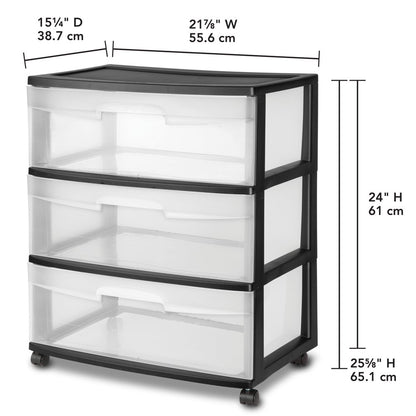 Sterilite Wide 3 Drawer Cart Black