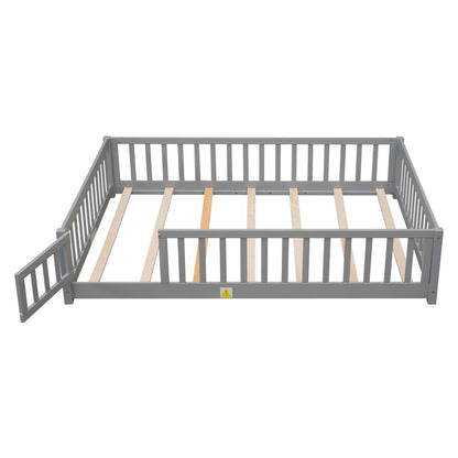 uhomepro Full Size Wood Floor Bed Frame with Fence and Door for Kids, Toddlers, Gray