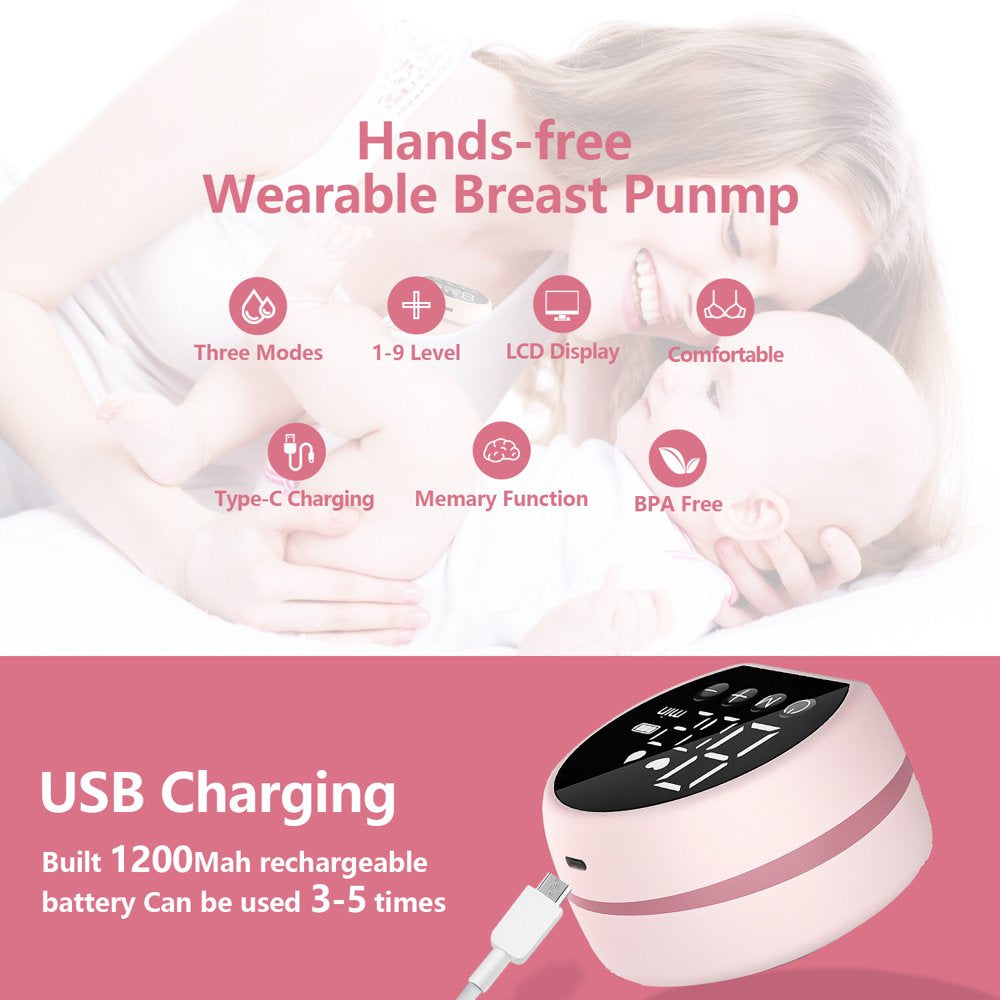 Electric Breast Pump, Yadala Double Wearable Breast Pump, Hands-Free Breast Pumps with 3 Modes, 9 Levels, Pink