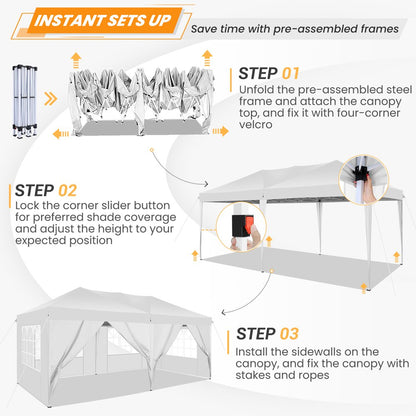 SANOPY 10' x 20' EZ Pop Up Canopy Tent Party Tent Outdoor Event Instant Tent Gazebo with 6 Removable Sidewalls and Carry Bag, White