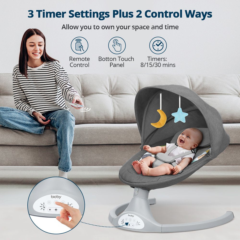 Bioby Electric Baby Swing Chair, Infant Swing with Remote Control, Built-in Bluetooth, Soft Music, Sway in 5 Speeds, Seat Belt, Gifts