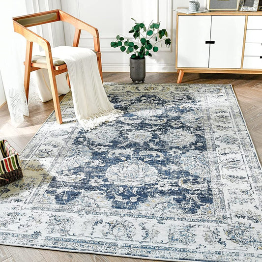 RUGKING Area Rug 5x7 Living Room Dark Blue Rug Floor Indoor Floral Print Thin Carpet Foldable Retro Accent Rug Non Slip Kitchen Dining Room Bedroom Office