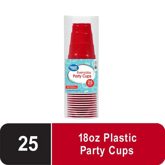 Great Value Everyday Disposable Plastic Cups, Red, 18 oz, 25 count
