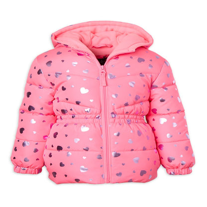 Pink Platinum Girls Hooded Foil Heart Winter Puffer Coat with Knit Pom Beanie Hat, Sizes 4-16