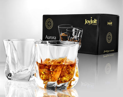 JoyJolt Aurora Crystal Whiskey Glass – Twisted Whiskey Glasses - Set of 2 Old Fashioned Liquor Glasses – Crystal Scotch Whisky Glasses for Bourbon – 8.10 ounces Whiskey Drinking Glasses