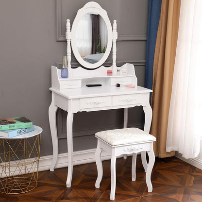 Ktaxon Elegance White Dressing Table Vanity Table and Stool Set Wood Makeup Desk with 4 Drawers & Mirror