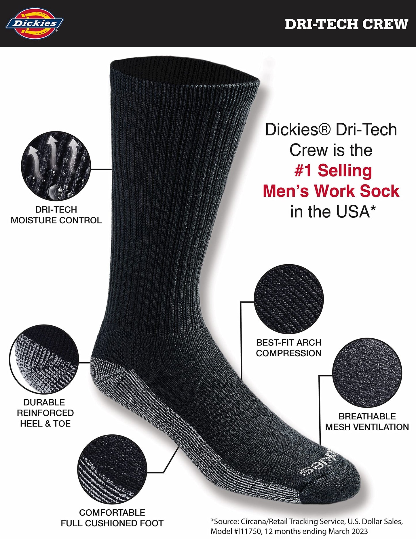 Dickies Men's Dri-tech Moisture Control Crew Socks Multipack, Black (6 Pairs), Shoe Size: 6-12