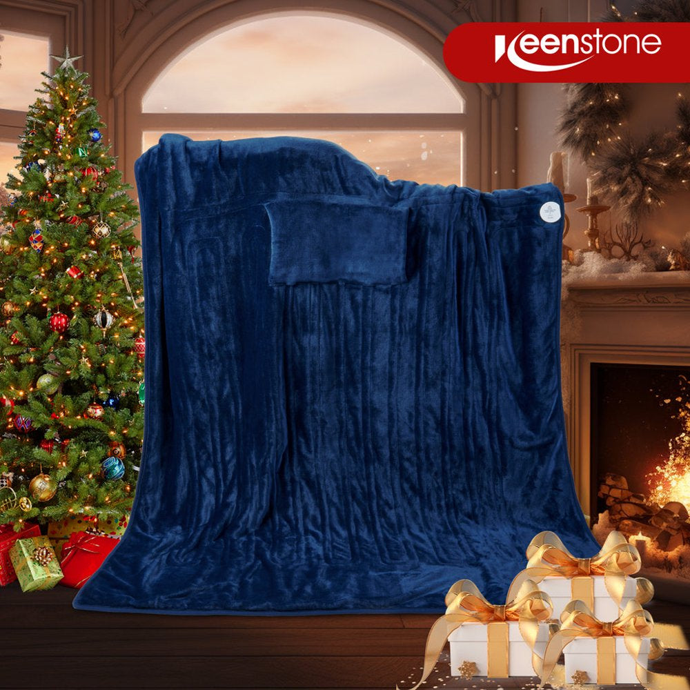 Electric Heated Blanket Throw w/ Hand Warmer for Kids & Adults & Elderly, Keenstone Machine Washable Fast Heating Flannel Blanket for Office Bedroom Livingroom, Blue