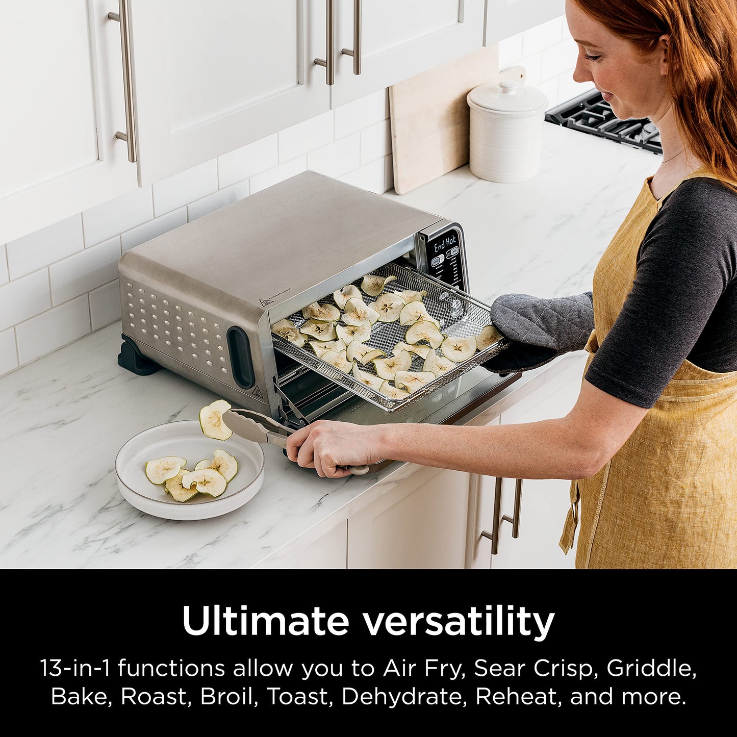 Ninja SP301 Dual Heat Air Fry Countertop 13-in-1 Oven with Extended Height, XL Capacity, Flip Up & Away Capability for Storage Space, with Air Fry Basket, SearPlate, Wire Rack & Crumb Tray, Silver