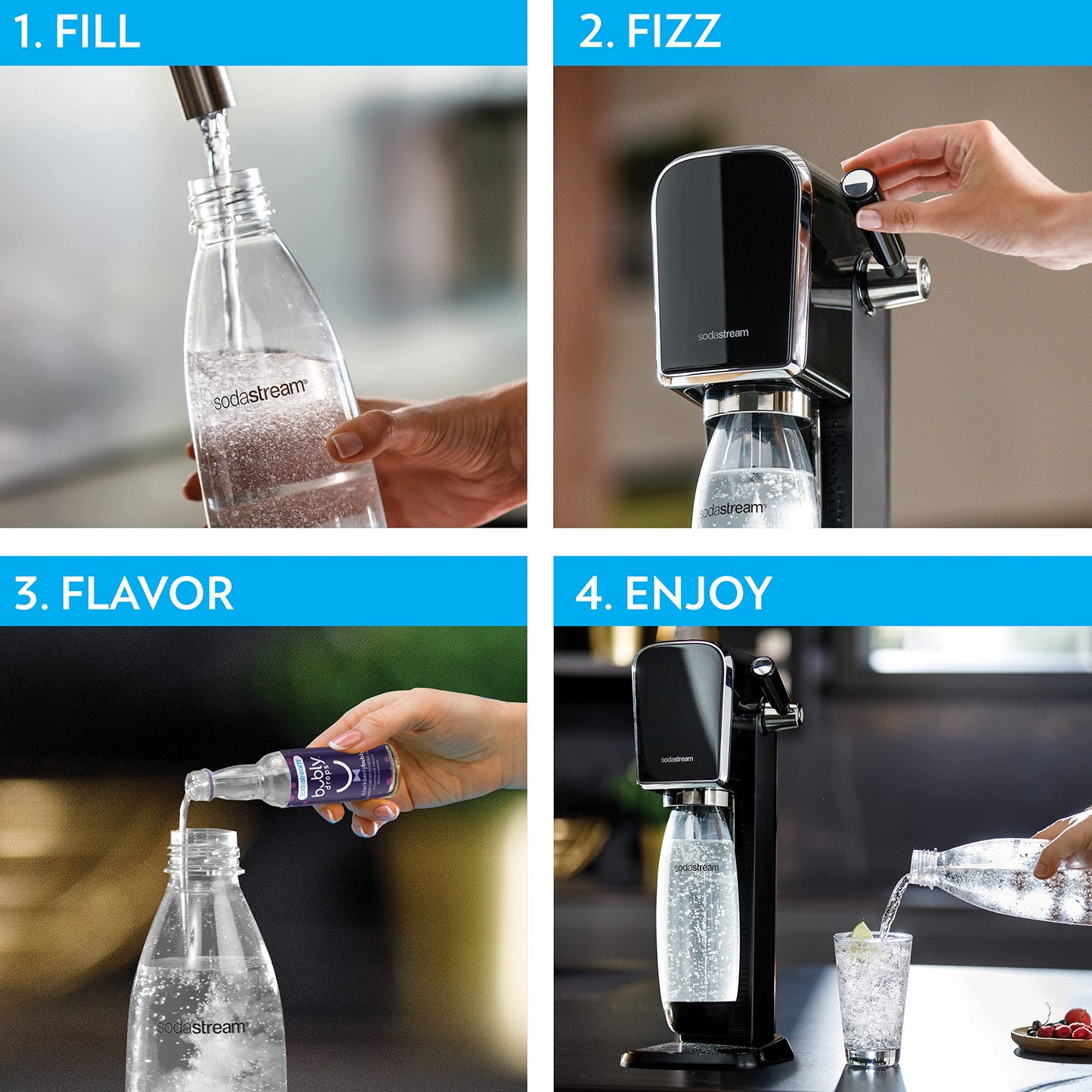 SodaStream Art Sparkling Water Maker Bundle (Black), with CO2, DWS Bottles, and Bubly Drops Flavors