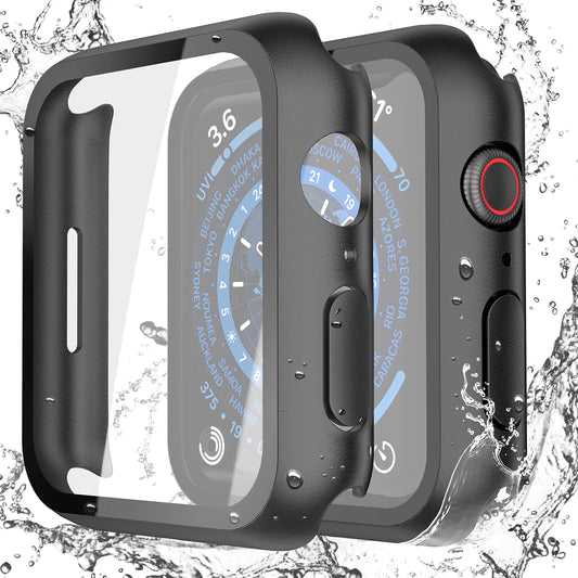 Misxi [2 Pack] Waterproof Black Hard Case with Tempered Glass Compatible with Apple Watch Series 9 (2023) Series 8 Series 7 41mm, Ultra-Thin Durable Protective Cover for iWatch Screen Protector