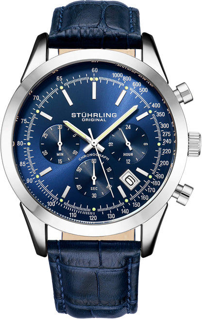 Stuhrling Mens Rialto Chronograph Watch Blue Dial with Date Tachymeter 24 Hour Subdial Leather Strap