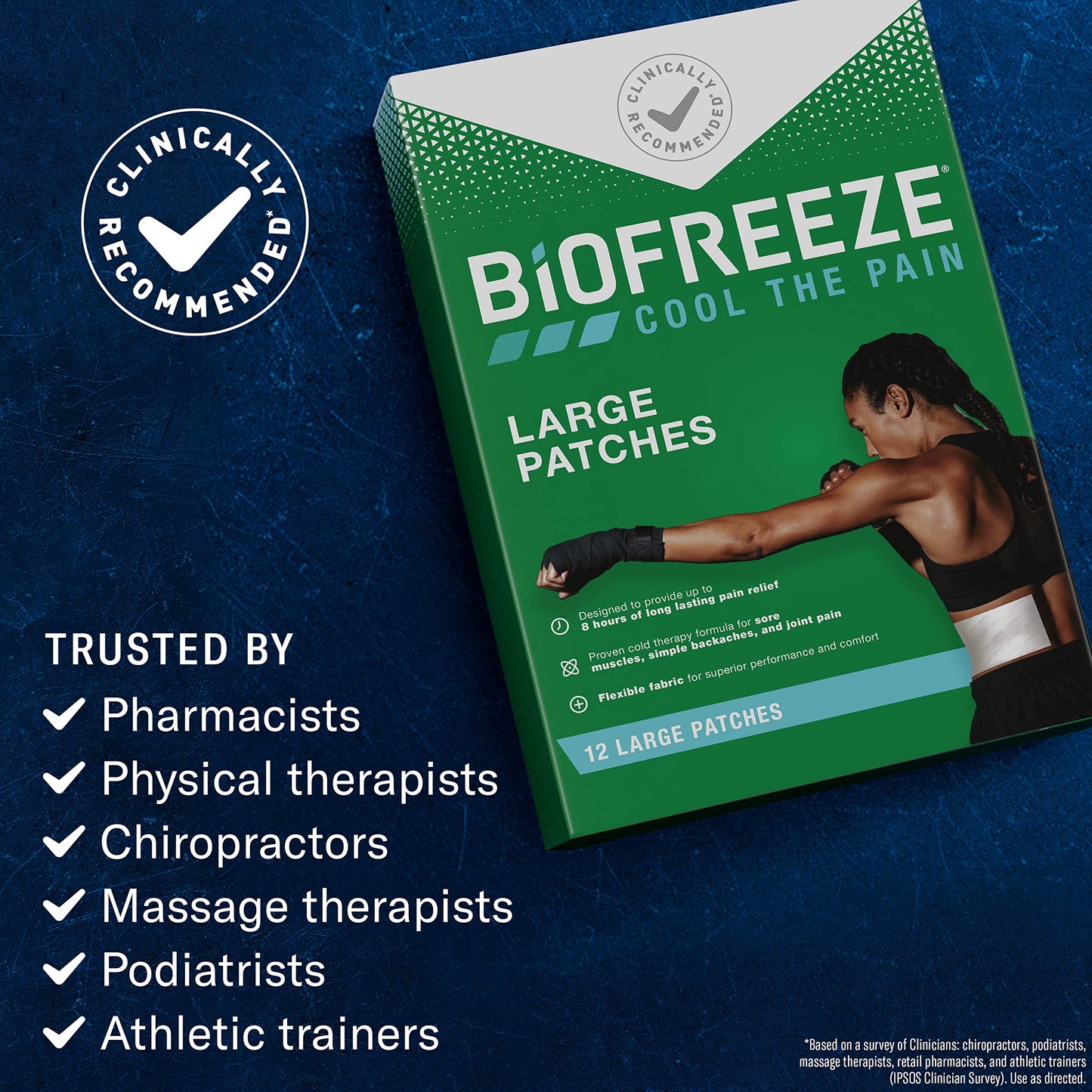 Biofreeze Patches (5 Large Patches Per Box) Menthol Pain Relieving Patches For Up To 8 Hours Of Pain Relief From Sore Muscles, Joint Pain, Backache, Spains, Bruises, And Strains (Package May Vary)