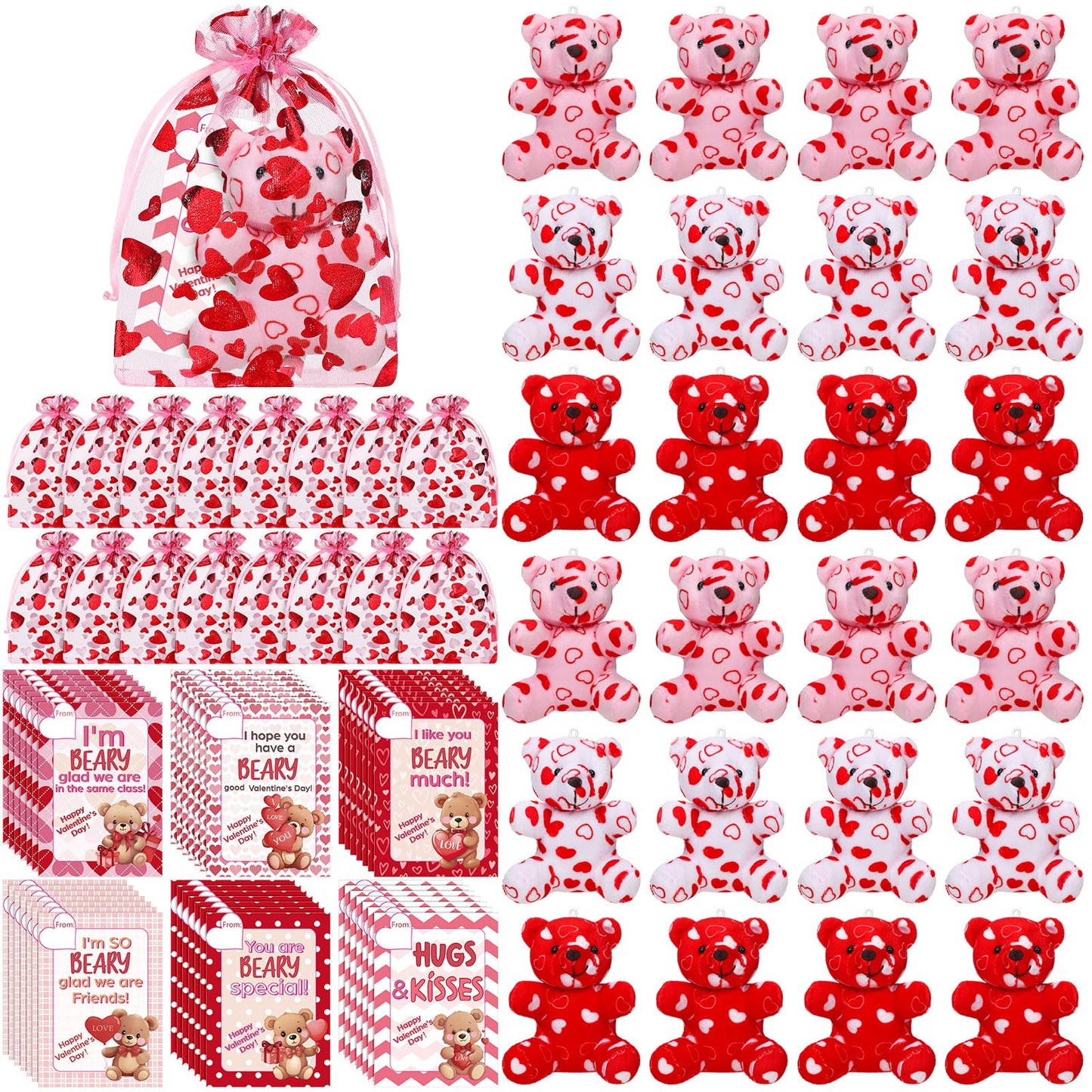 Halloscume 108 Pcs Valentines Day Mini Plush Bear with Greeting Cards and Organza Bags Heart Pattern Love Bears for Valentines Day Gifts Exchange Cards Stuffed School Classroom Prize Party Favors