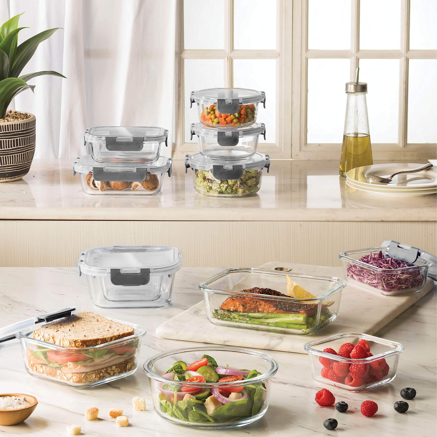 FineDine 24 Piece Glass Storage Containers with Lids - Leak Proof, Dishwasher Safe Glass Food Storage Containers for Meal Prep or Leftovers, Gray