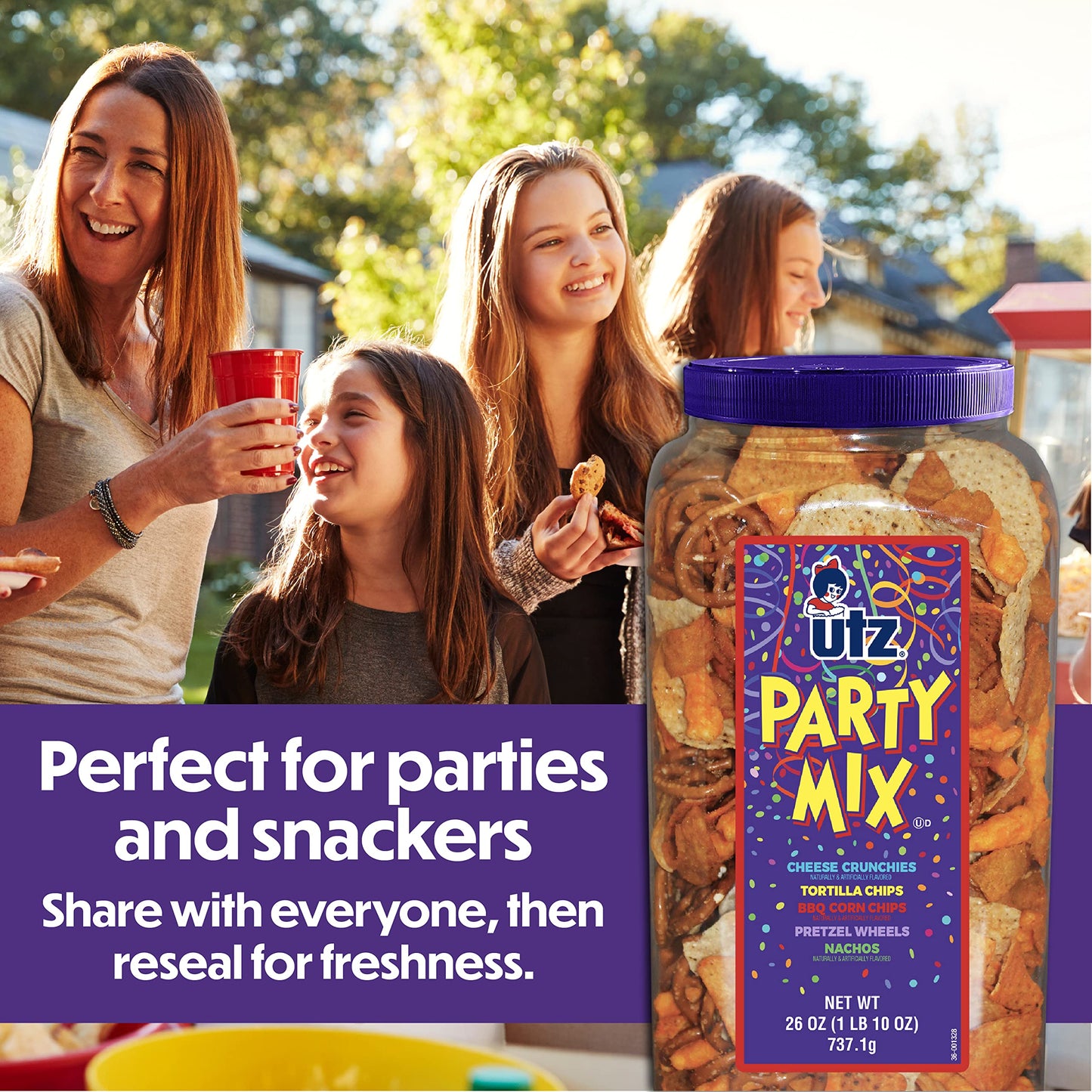 Utz Party Mix - 26 Ounce Barrel - Tasty Snack Mix Includes Corn/Nacho Tortillas, Pretzels, BBQ Corn Chips and Cheese Curls, Easy and Quick Party Snacks, Cholesterol Free and Trans-Fat Free