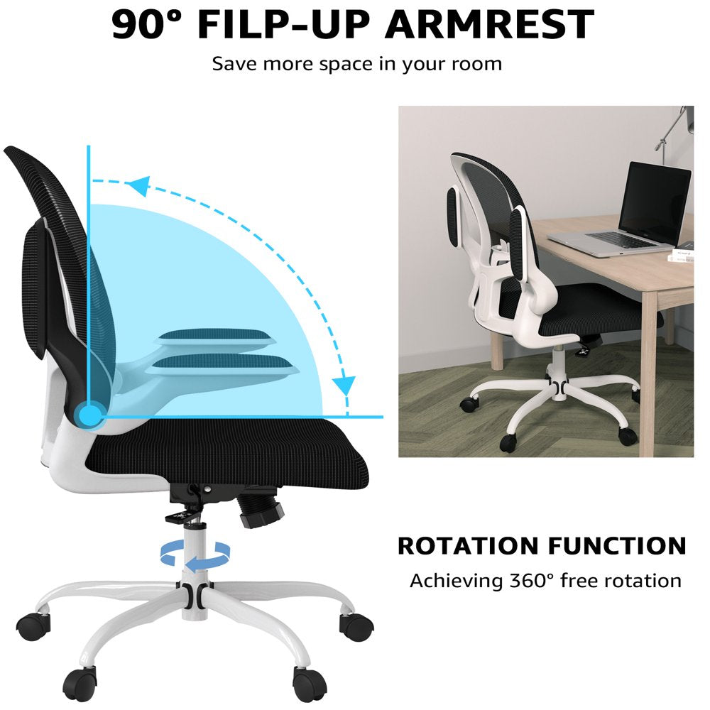 Ergonomic Office Chair, Comfort Home Office Task Chair, Lumbar Support Computer Chair with Flip-Up Arms and Adjustable Height(White)