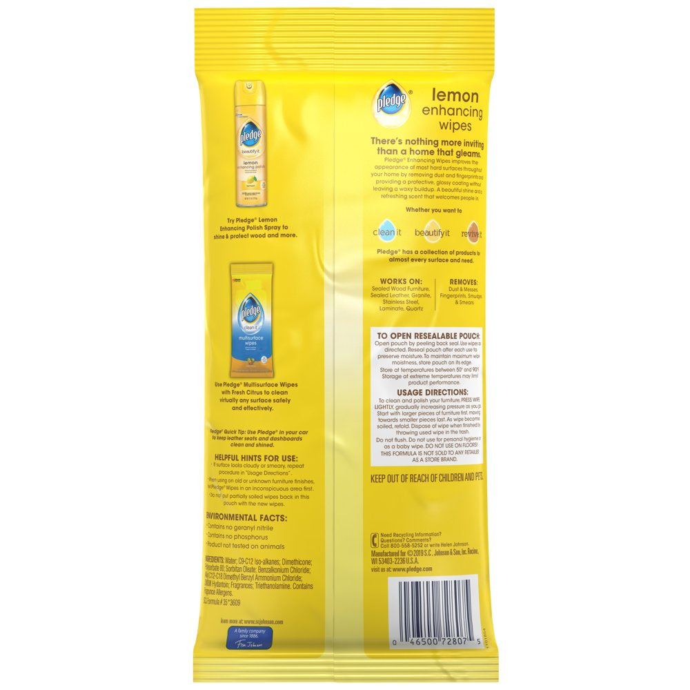 Pledge Beautify It Lemon Enhancing Wipes - Conveniently Dust, Clean and Shine Wood, Stainless Steel and More, 24Ct