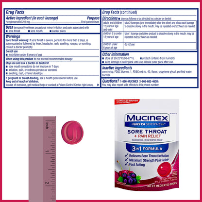 Mucinex InstaSoothe Sore Throat + Pain Relief Elderberry & Wild Cherry Flavor, Fast Acting, Powerful Oral Pain Reliever, 40 Medicated Drops