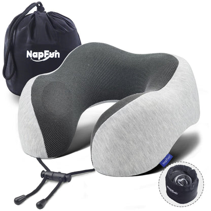 napfun Neck Pillow for Traveling, Upgraded Travel Neck Pillow for Airplane 100% Pure Memory Foam Travel Pillow for Flight Headrest Sleep, Portable Plane Accessories, Light Grey