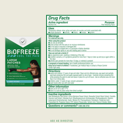 Biofreeze Patches (5 Large Patches Per Box) Menthol Pain Relieving Patches For Up To 8 Hours Of Pain Relief From Sore Muscles, Joint Pain, Backache, Spains, Bruises, And Strains (Package May Vary)
