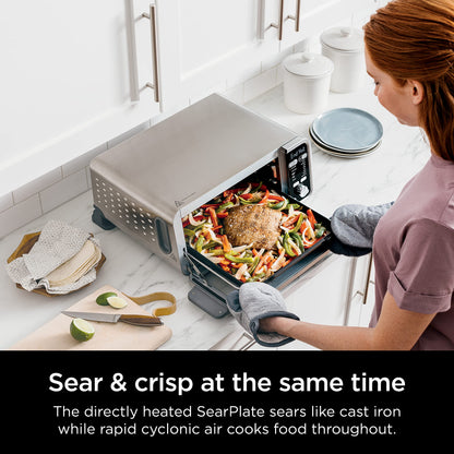 Ninja SP301 Dual Heat Air Fry Countertop 13-in-1 Oven with Extended Height, XL Capacity, Flip Up & Away Capability for Storage Space, with Air Fry Basket, SearPlate, Wire Rack & Crumb Tray, Silver