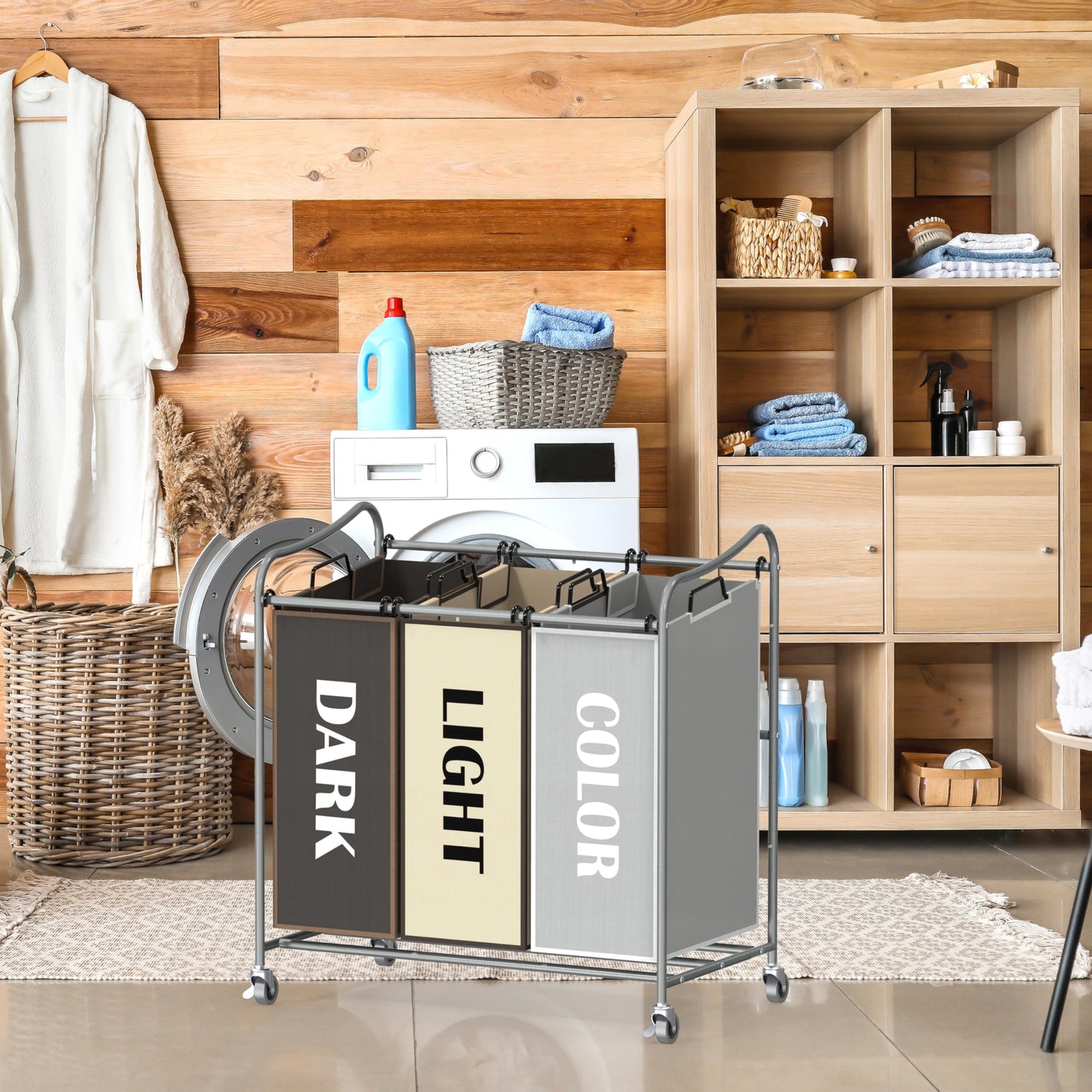 SimpleHouseware Heavy Duty 3-Bag Laundry Sorter Rolling Cart, Silver/Assorted Bags
