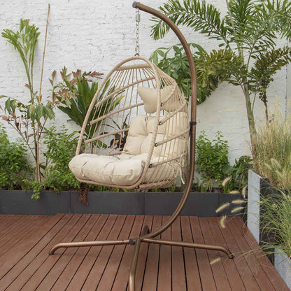 Nicesoul Foldable Wicker Hanging Egg Chair with Stand and Cover, Beige 350 Lbs Maximum Weight