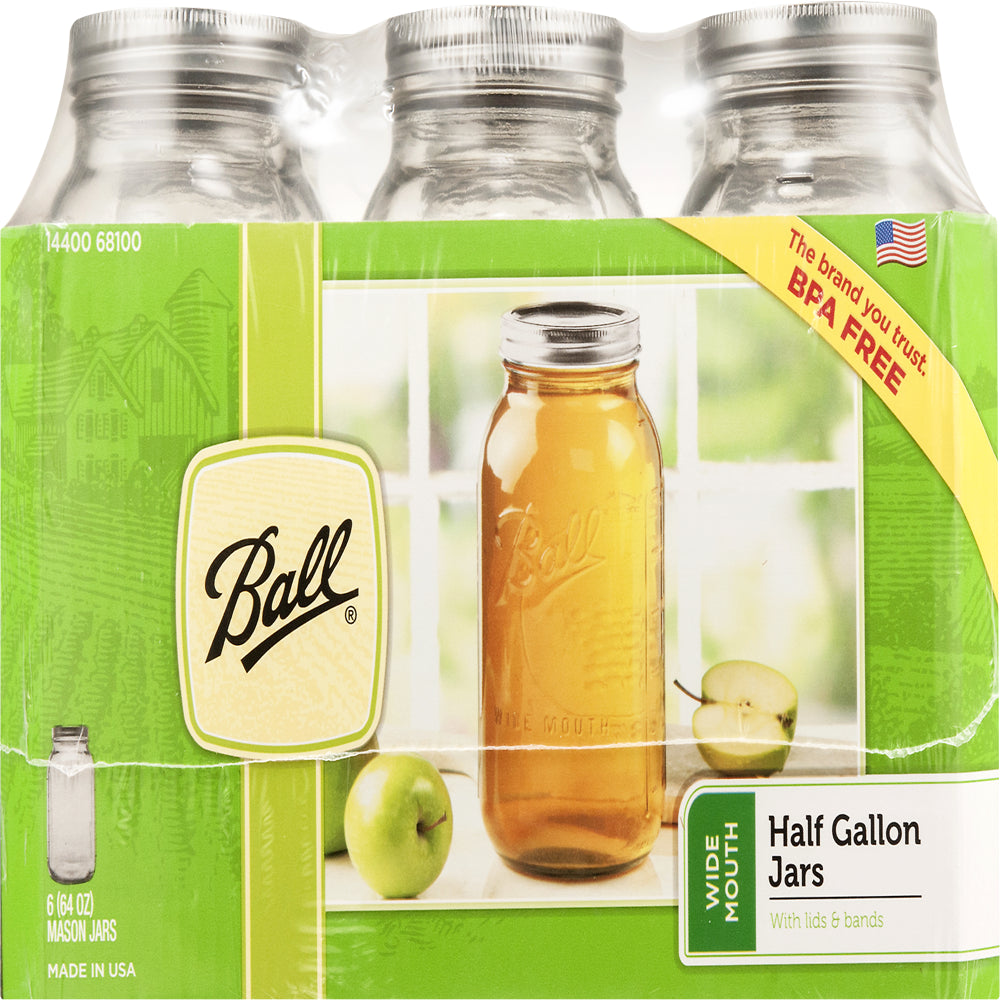 Ball Wide Mouth 64oz Half Gallon Mason Jars with Lids & Bands, 6 Count