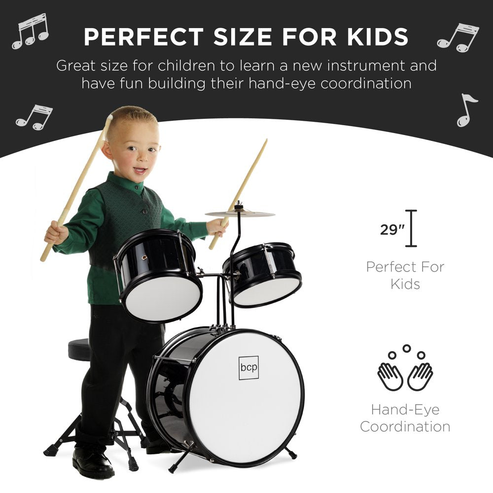 Best Choice Products 3-Piece Junior Drum Set with Throne, Pedal, Drumsticks - Black