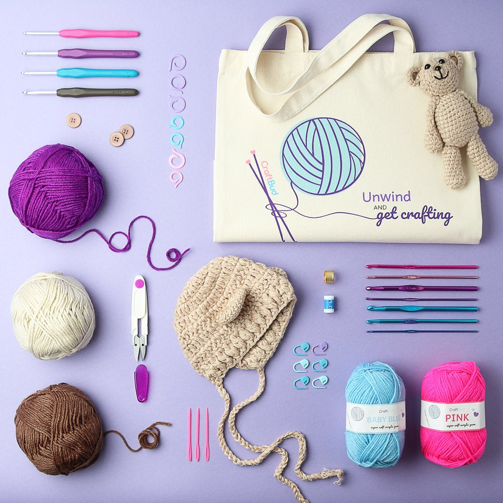 73 Piece Crochet Set Kit with Crochet Hooks Yarn Set, Premium Bundle Includes Yarn Balls, Needles, Accessories Kit, Canvas Tote Bag for Travel