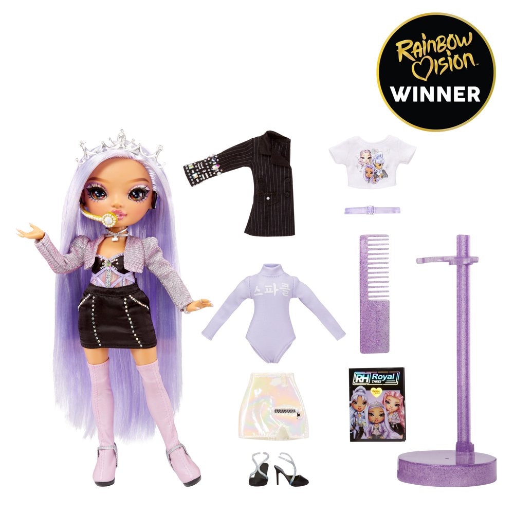 Rainbow High Rainbow Vision Royal Three K Pop – Tiara Song (Purple Lilac) Fashion Doll. 2 Designer Outfits to Mix & Match with Microphone Headset & Band Merch Playset, Gift for Kids 6-12 Years