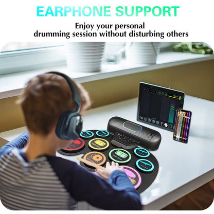 Dammyty Upgrade 9 Pads Kids Adults Electronic Drum Sets Kit with Headphone Jack and Dual Bluetooth Speaker Wireless Connection for Christmas Birthday Gift