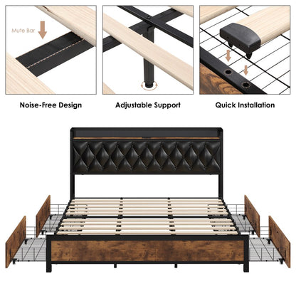 Homfa Queen Size LED Bed Frame with 4 Storage Drawers, Modern Leather Button Upholstered Display Platform Bed Frame with Outlets and USB Ports, Black