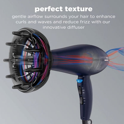 InfinitiPro by Conair 1875 Watt Texture Styling Hair Dryer for Natural Curls and Waves, Dark Blue, 1 Count 600R