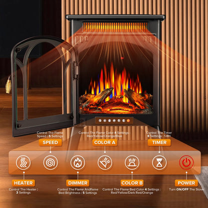 Auseo Electric Fireplace Heater 16", All-metal Frame Freestanding Stove, 3D Flame, Remote Control, 500W/1500W, Black