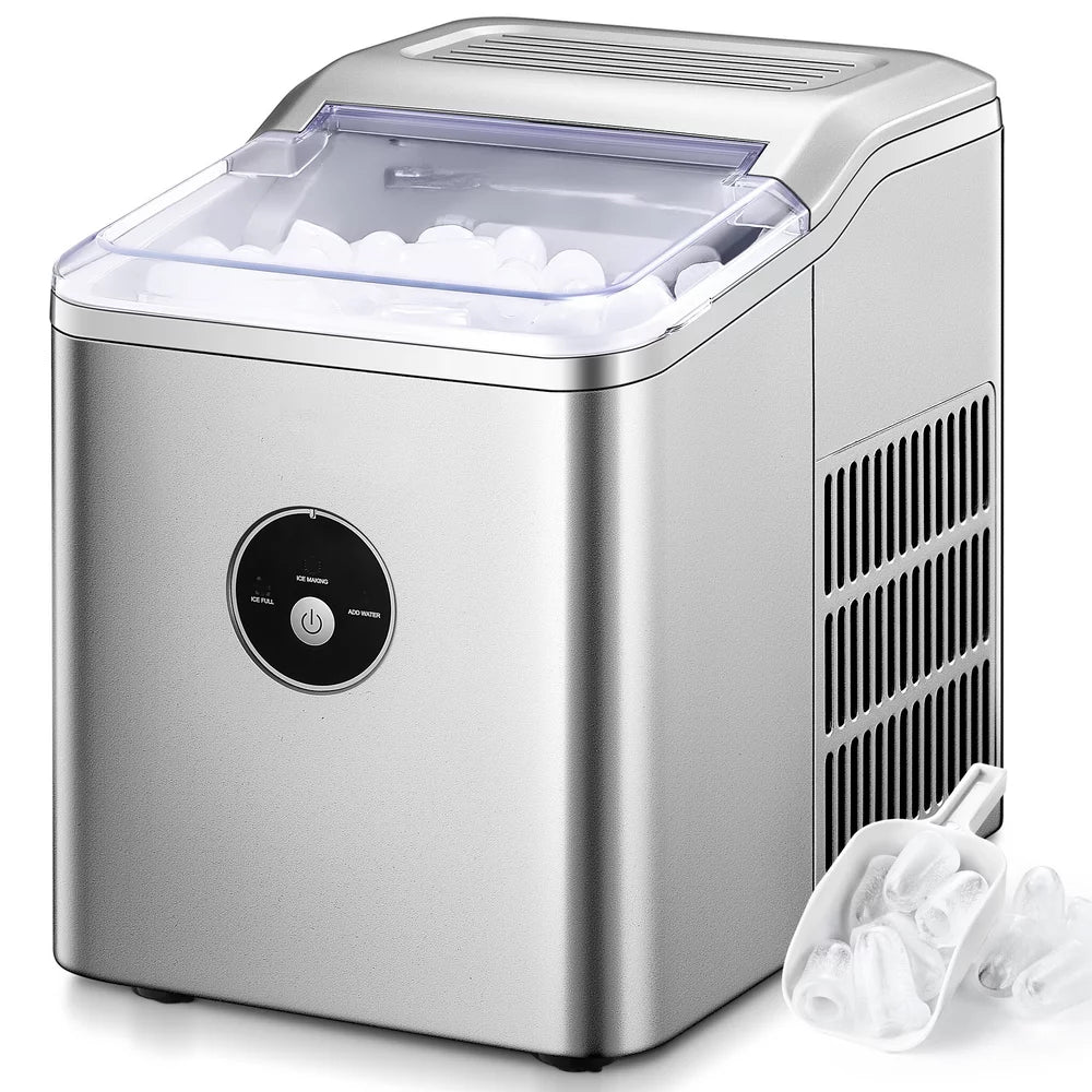 Dual-Size Ice Maker Countertop, 9 Bullet Ice in 6M, 28Lbs in 24H, Selfclean, Stainless Steel, AICOOK