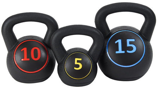 Wide Grip Kettlebell Exercise Fitness Weight Set, 3-Pieces: 5lb, 10lb, and 15lb Kettlebells