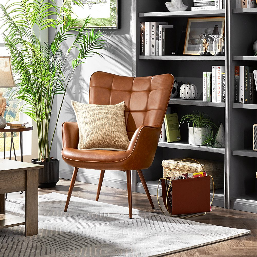 Alden Design Mid-Century Modern Faux Leather Wingback Accent Chair, Brown