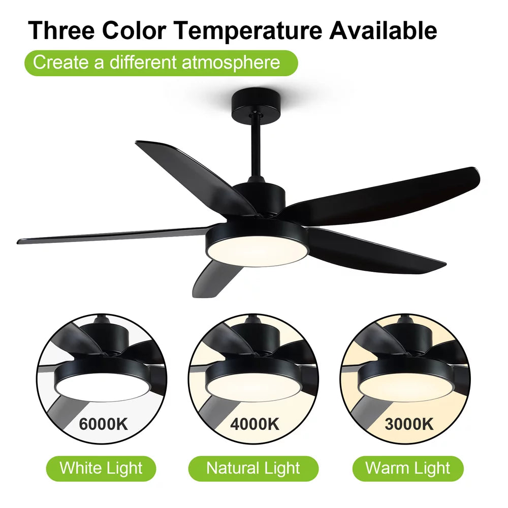 ALUOCYI 46 Inch Black Ceiling Fan with Light and Remote, Dimmable Led Memory Light Timing, Matte Black Indoor/Outdoor Ceiling Fan for Bedroom,Living Room