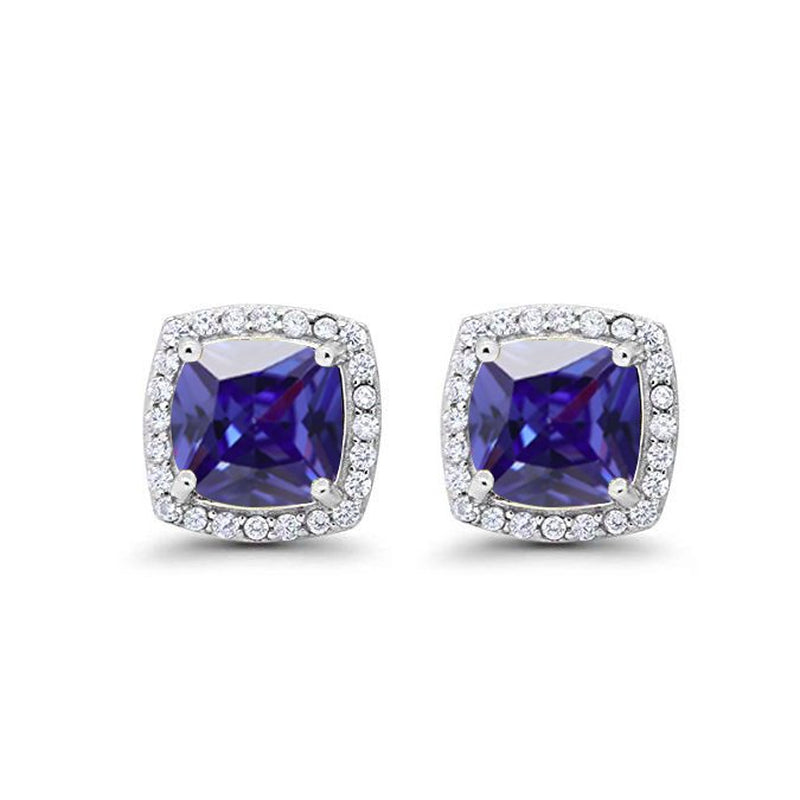 Paris Jewelry 18k White Gold 4 Ct Created Halo Princess Cut Sapphire Stud Earrings Plated