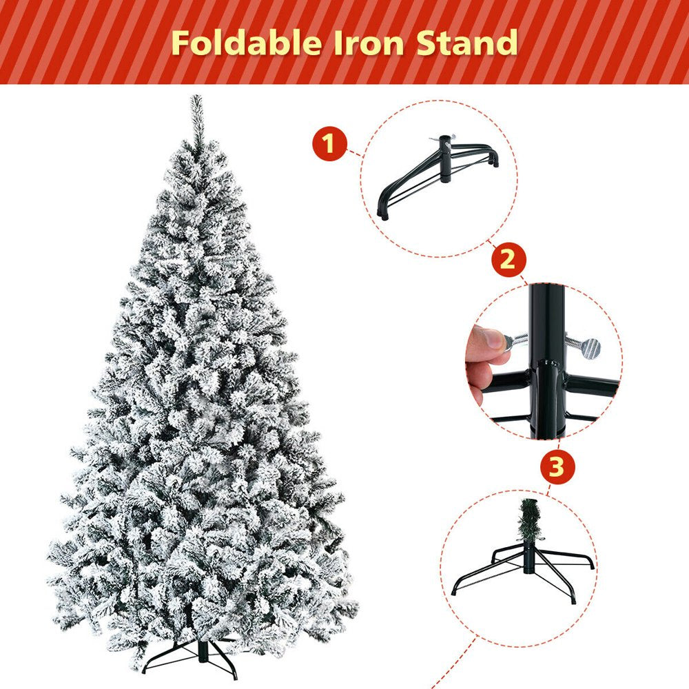 Costway 7.5ft Snow Flocked Hinged Christmas Tree Unlit Metal Stand