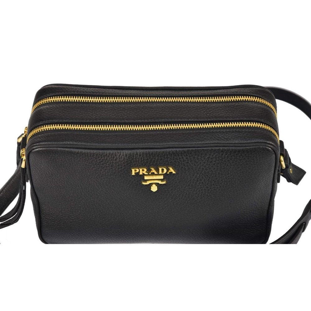 New Prada Black Vitello Phenix Leather Double Zip Cross Body Bag 1BH079