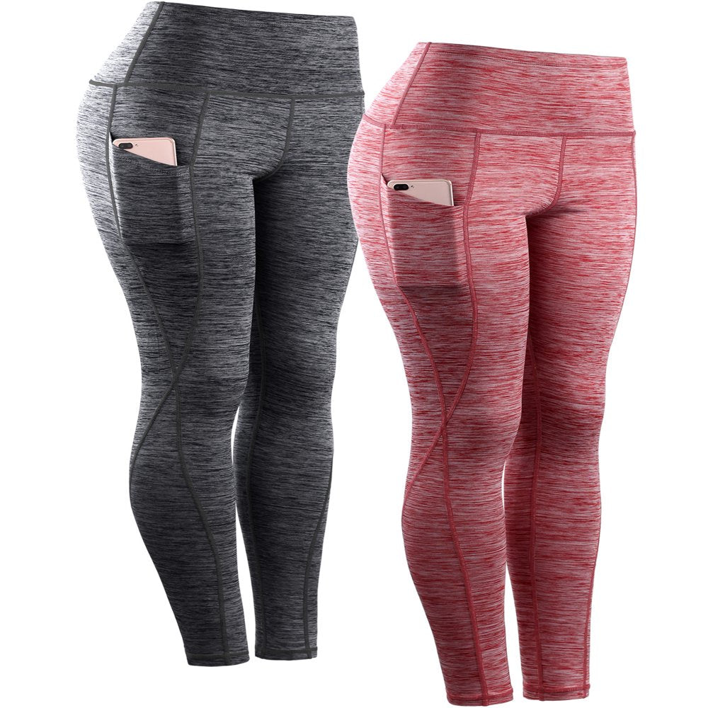 NELEUS Womens Yoga Running Leggings with Pocket Tummy Control High Waist,Black+Red,US Size S