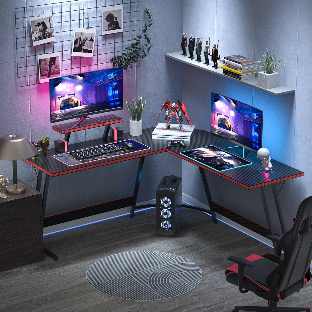 L-Shaped Gaming Desk 51 Inches Corner Office Desk with Removable Monitor Riser, Black