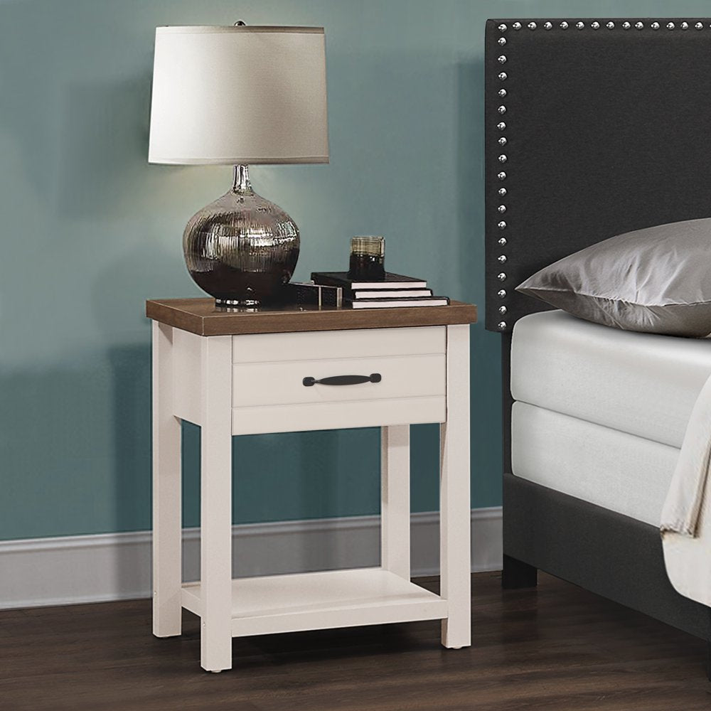 Hillsdale Lancaster Farmhouse Oak Top 1 Drawer Nightstand, Set of 2, Ivory