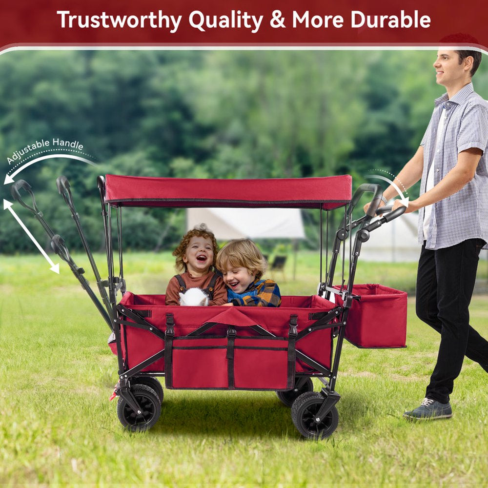 Collapsible Garden Wagon Cart with Removable Canopy, VECUKTY Foldable Wagon Utility Carts with Wheels and Rear Storage, Wagon Cart for Garden Camping Grocery Shopping Cart, Red