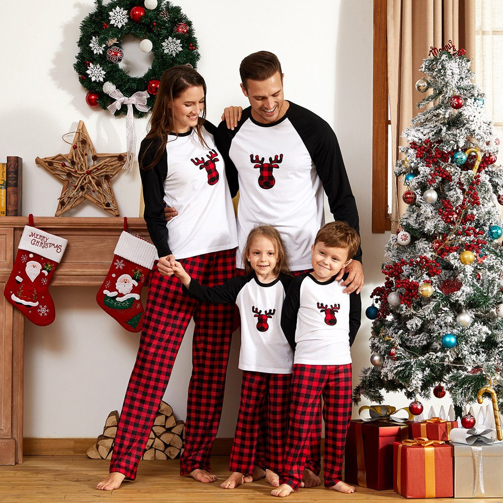 PatPat Christmas Plaid Deer Family Matching Pajamas Sets,Flame Resistant,2-piece,Unisex