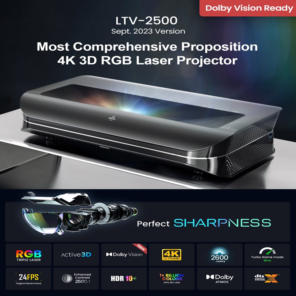 AWOL VISION LTV-2500 4K UHD Ultra Short Throw Triple Laser Projector with 2600 Lumen, 3D, 150", HDR10+, UST Projector Laser TV