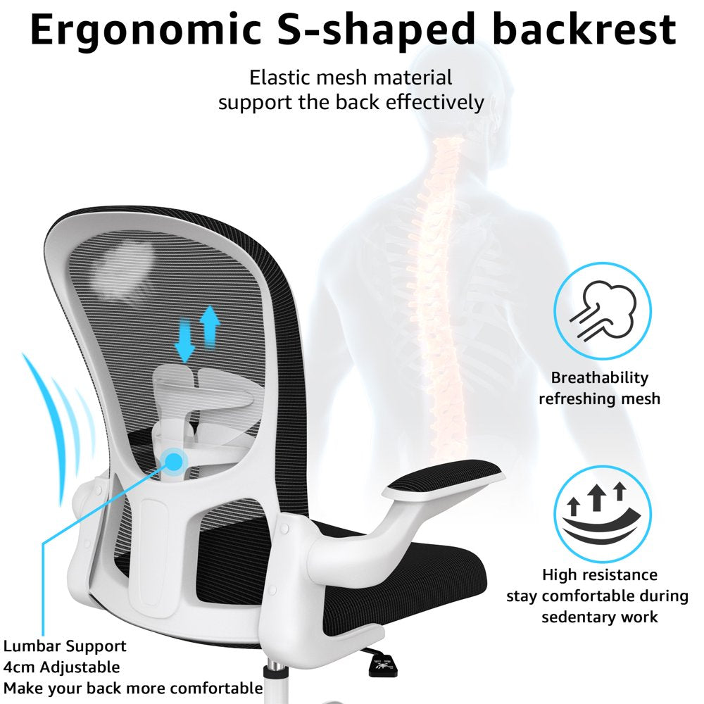 Ergonomic Office Chair, Comfort Home Office Task Chair, Lumbar Support Computer Chair with Flip-Up Arms and Adjustable Height(White)